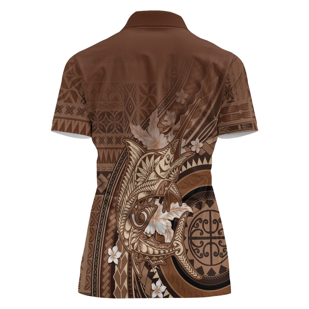 Samoa Tatau Marlin Women Polo Shirt With Siapo Motifs Brown LT05 - Polynesian Pride