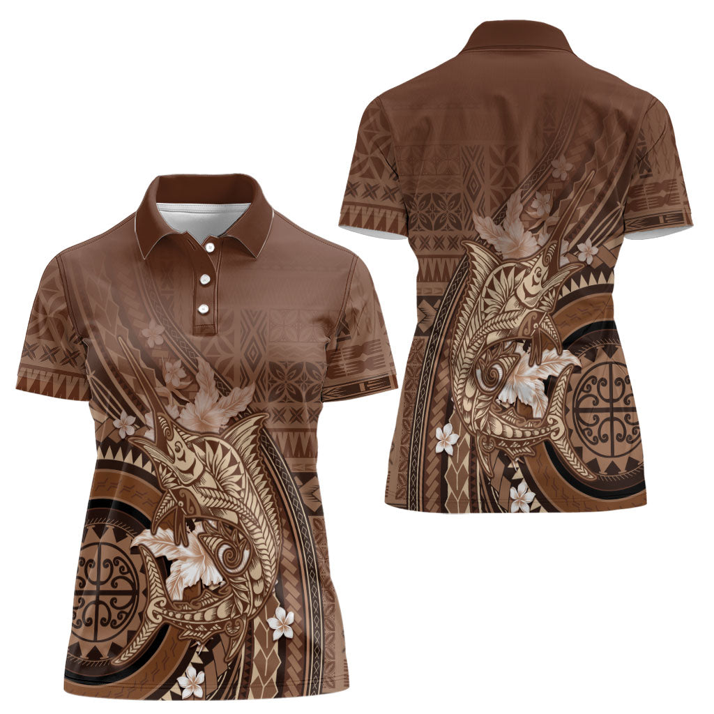 Samoa Tatau Marlin Women Polo Shirt With Siapo Motifs Brown LT05 - Polynesian Pride