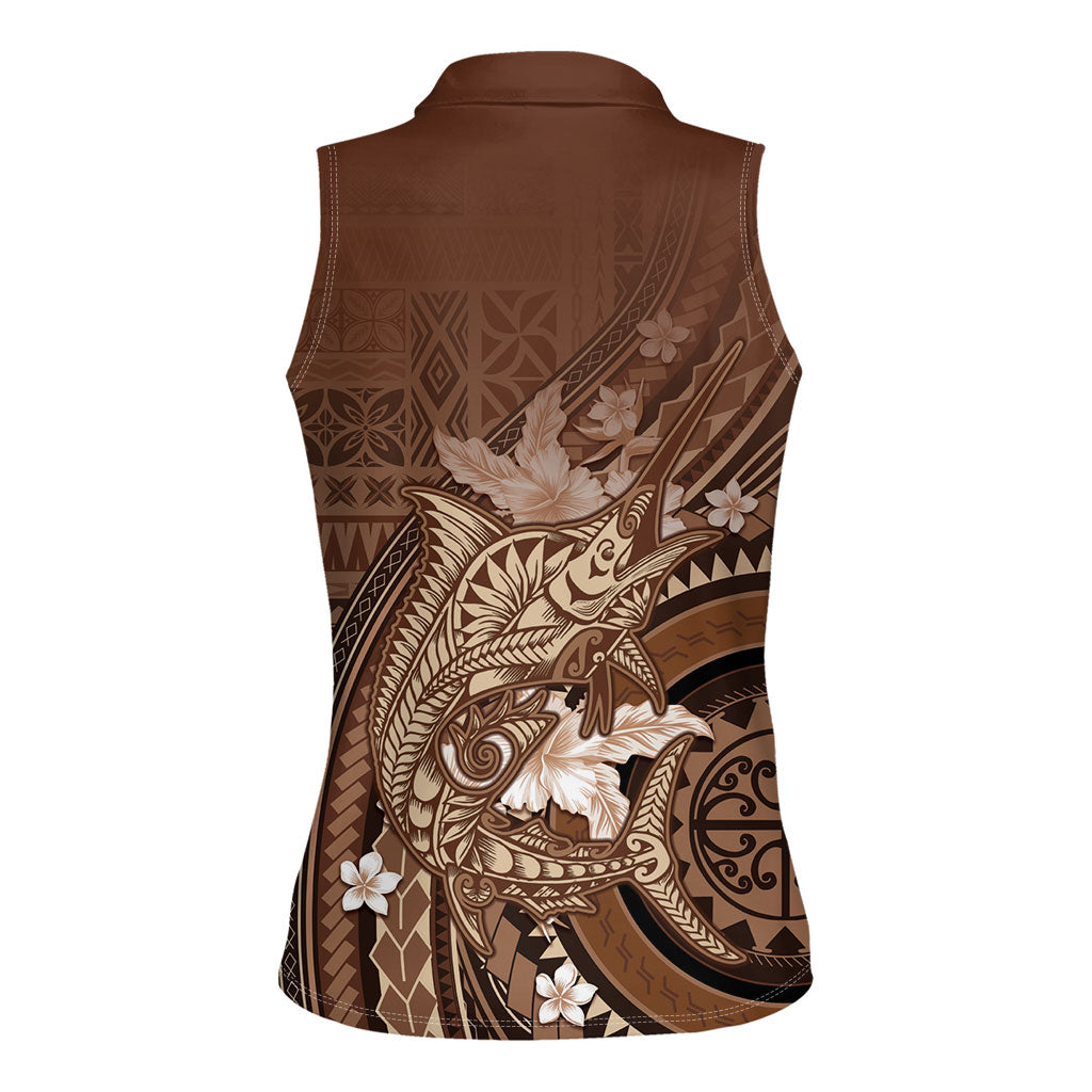 Samoa Tatau Marlin Women Sleeveless Polo Shirt With Siapo Motifs Brown LT05 - Polynesian Pride