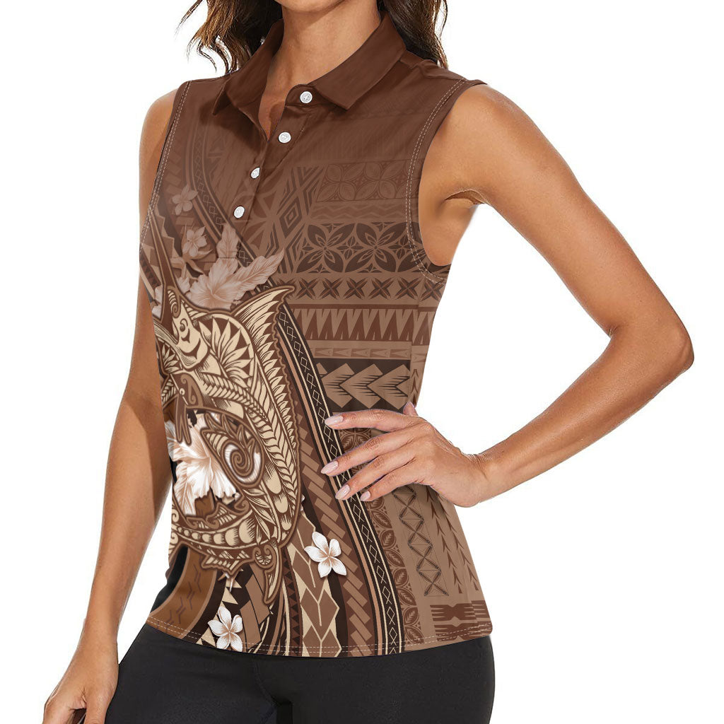 Samoa Tatau Marlin Women Sleeveless Polo Shirt With Siapo Motifs Brown LT05 - Polynesian Pride