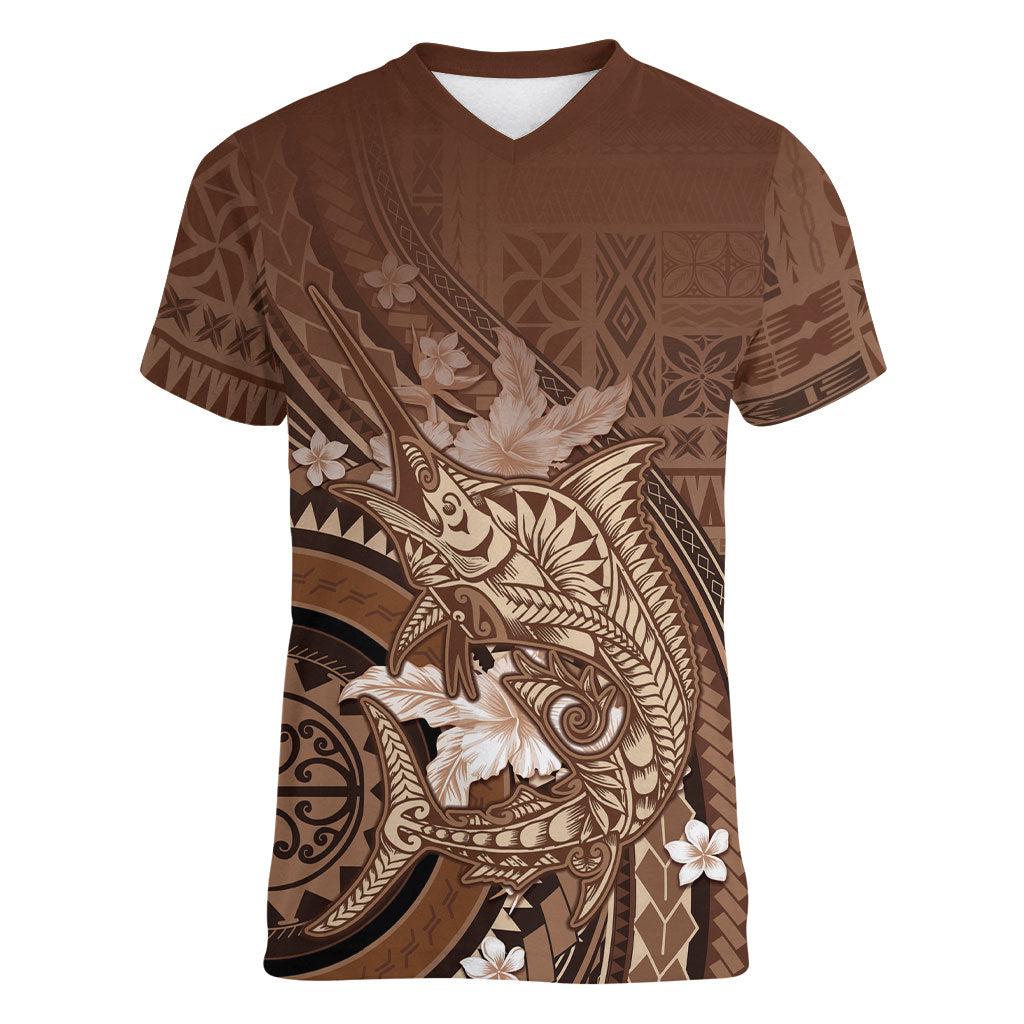 Samoa Tatau Marlin Women V-Neck T-Shirt With Siapo Motifs Brown LT05 Female Brown - Polynesian Pride