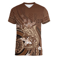 Samoa Tatau Marlin Women V-Neck T-Shirt With Siapo Motifs Brown LT05 Female Brown - Polynesian Pride
