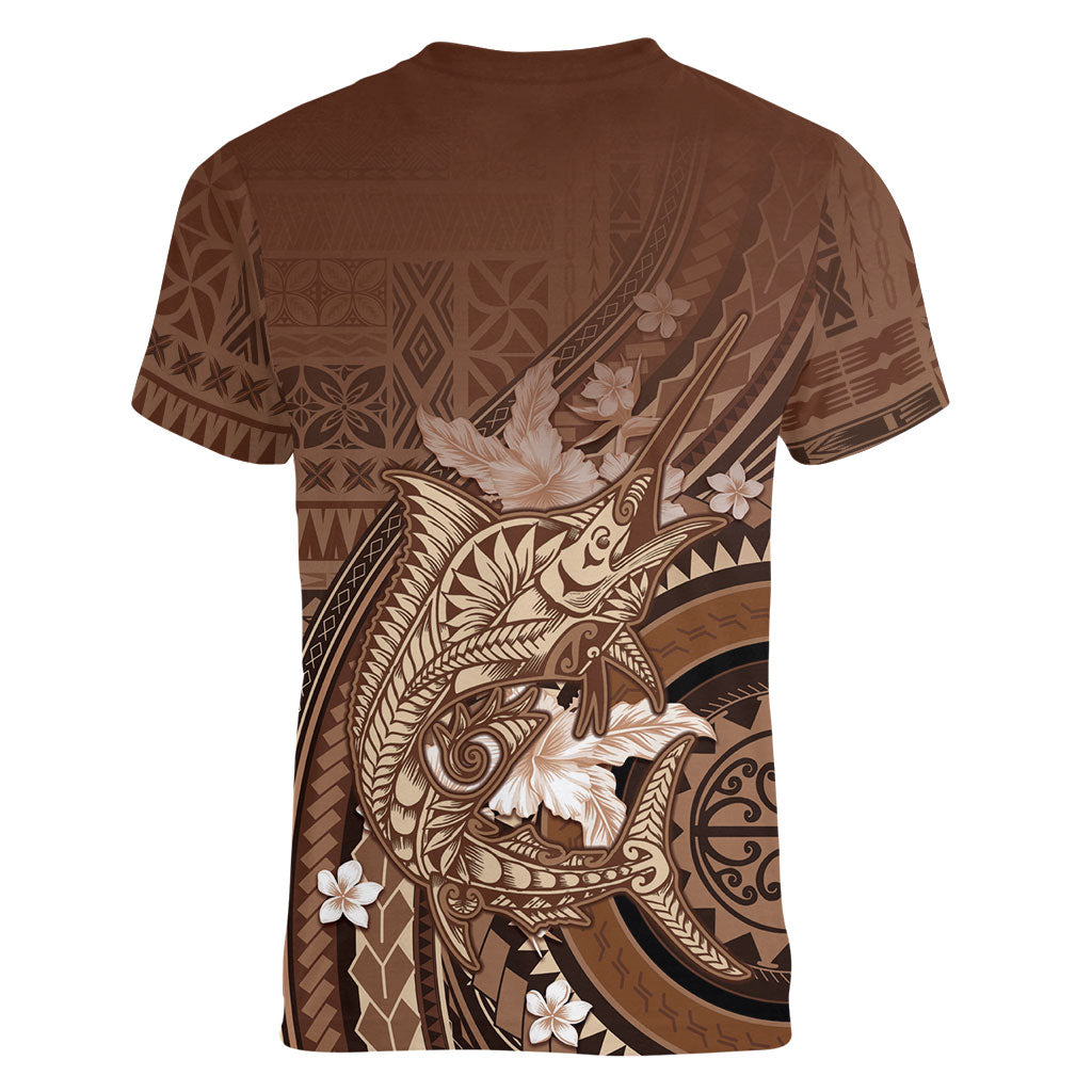 Samoa Tatau Marlin Women V-Neck T-Shirt With Siapo Motifs Brown LT05 - Polynesian Pride