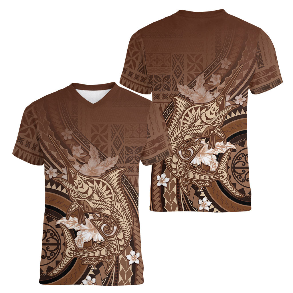 Samoa Tatau Marlin Women V-Neck T-Shirt With Siapo Motifs Brown LT05 - Polynesian Pride