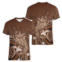 Samoa Tatau Marlin Women V-Neck T-Shirt With Siapo Motifs Brown LT05 - Polynesian Pride