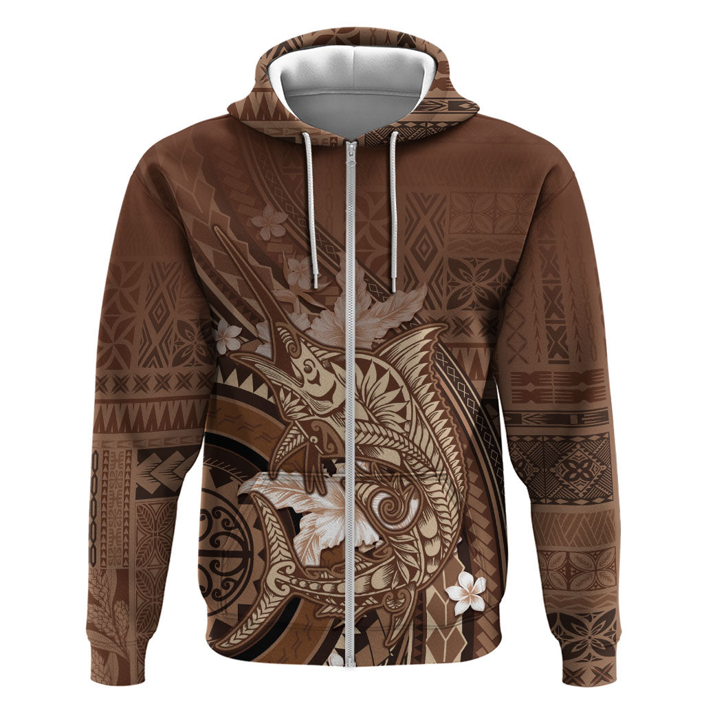 Samoa Tatau Marlin Zip Hoodie With Siapo Motifs Brown LT05 Zip Hoodie Brown - Polynesian Pride