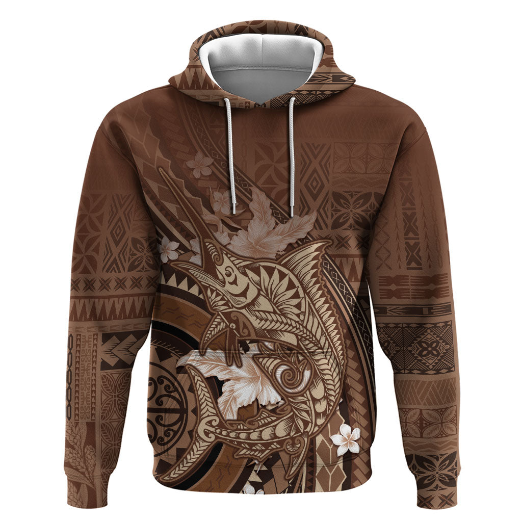 Samoa Tatau Marlin Zip Hoodie With Siapo Motifs Brown LT05 Pullover Hoodie Brown - Polynesian Pride