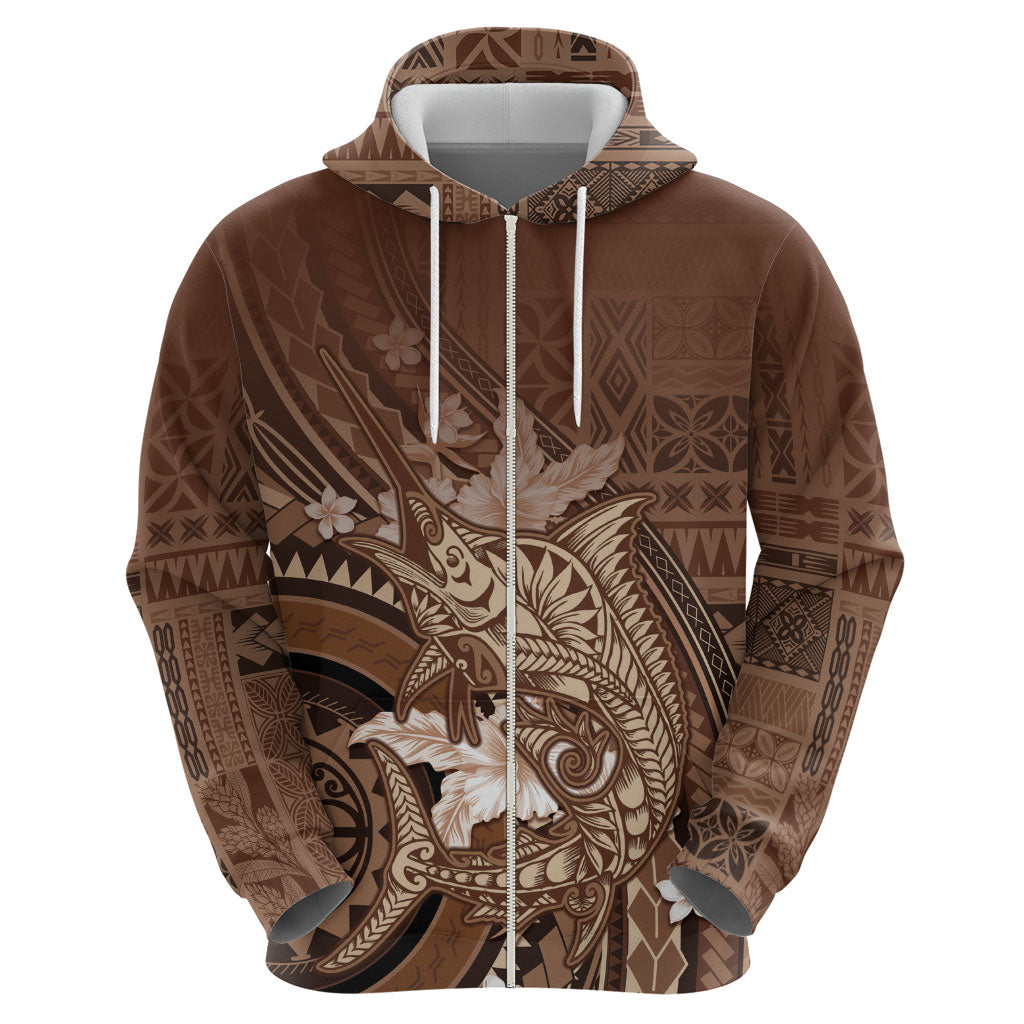 Samoa Tatau Marlin Zip Hoodie With Siapo Motifs Brown LT05 - Polynesian Pride