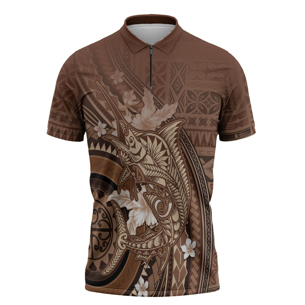 Samoa Tatau Marlin Zipper Polo Shirt With Siapo Motifs Brown LT05 Brown - Polynesian Pride