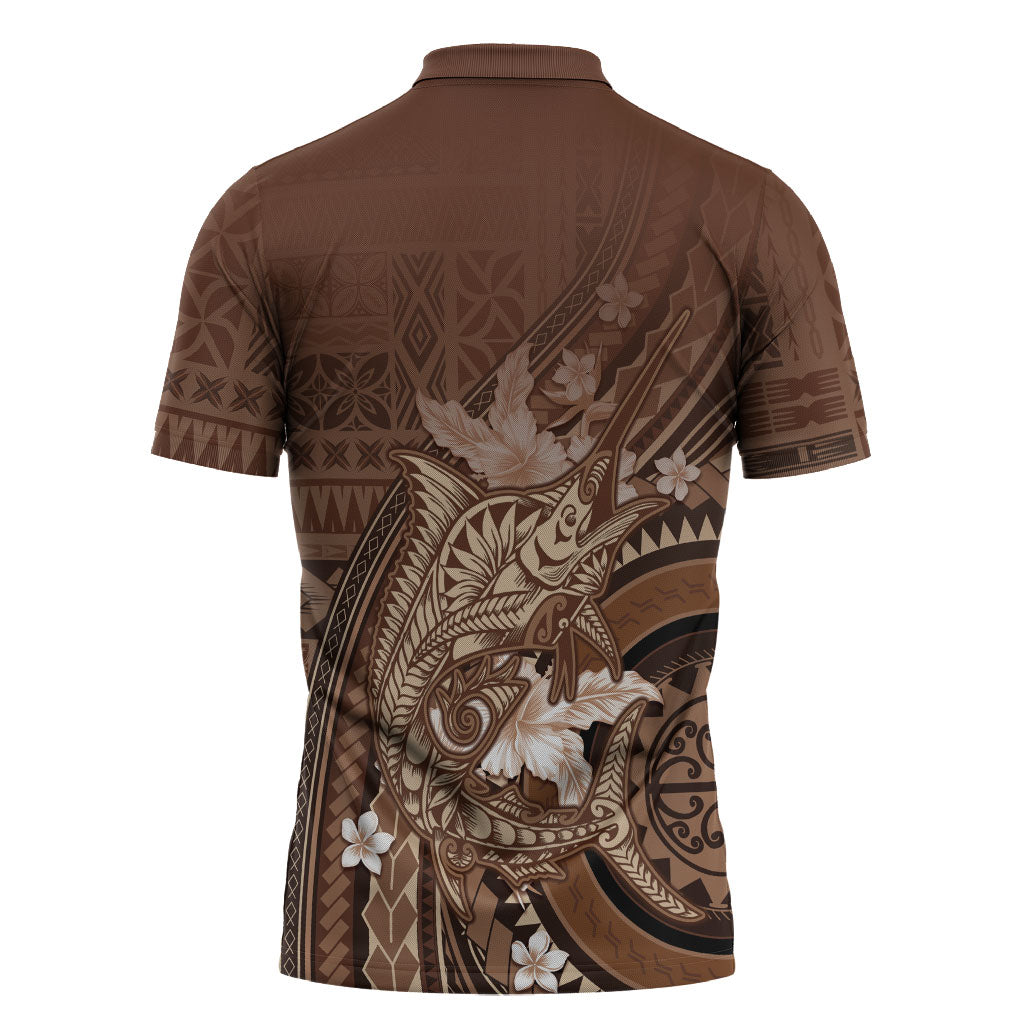Samoa Tatau Marlin Zipper Polo Shirt With Siapo Motifs Brown LT05 - Polynesian Pride