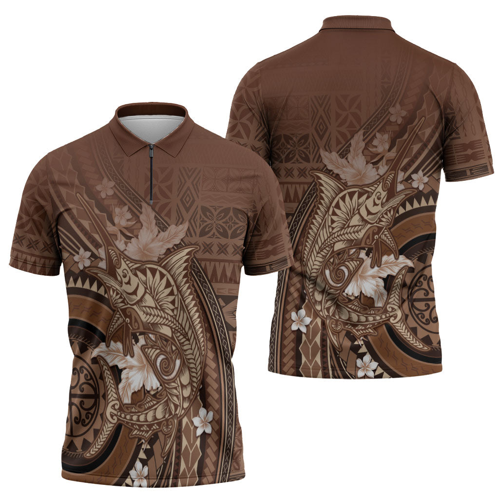 Samoa Tatau Marlin Zipper Polo Shirt With Siapo Motifs Brown LT05 - Polynesian Pride