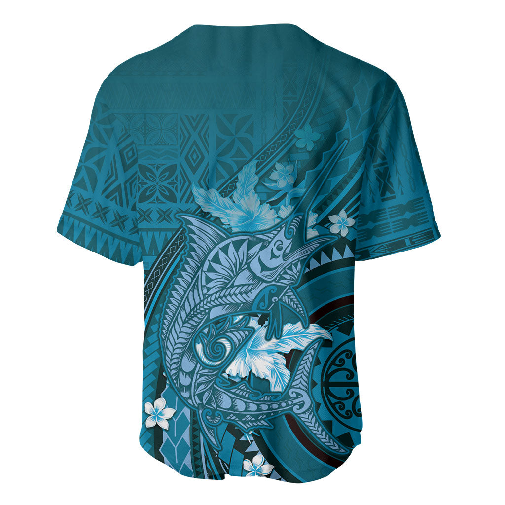 Samoa Tatau Marlin Baseball Jersey With Siapo Motifs Teal LT05 - Polynesian Pride