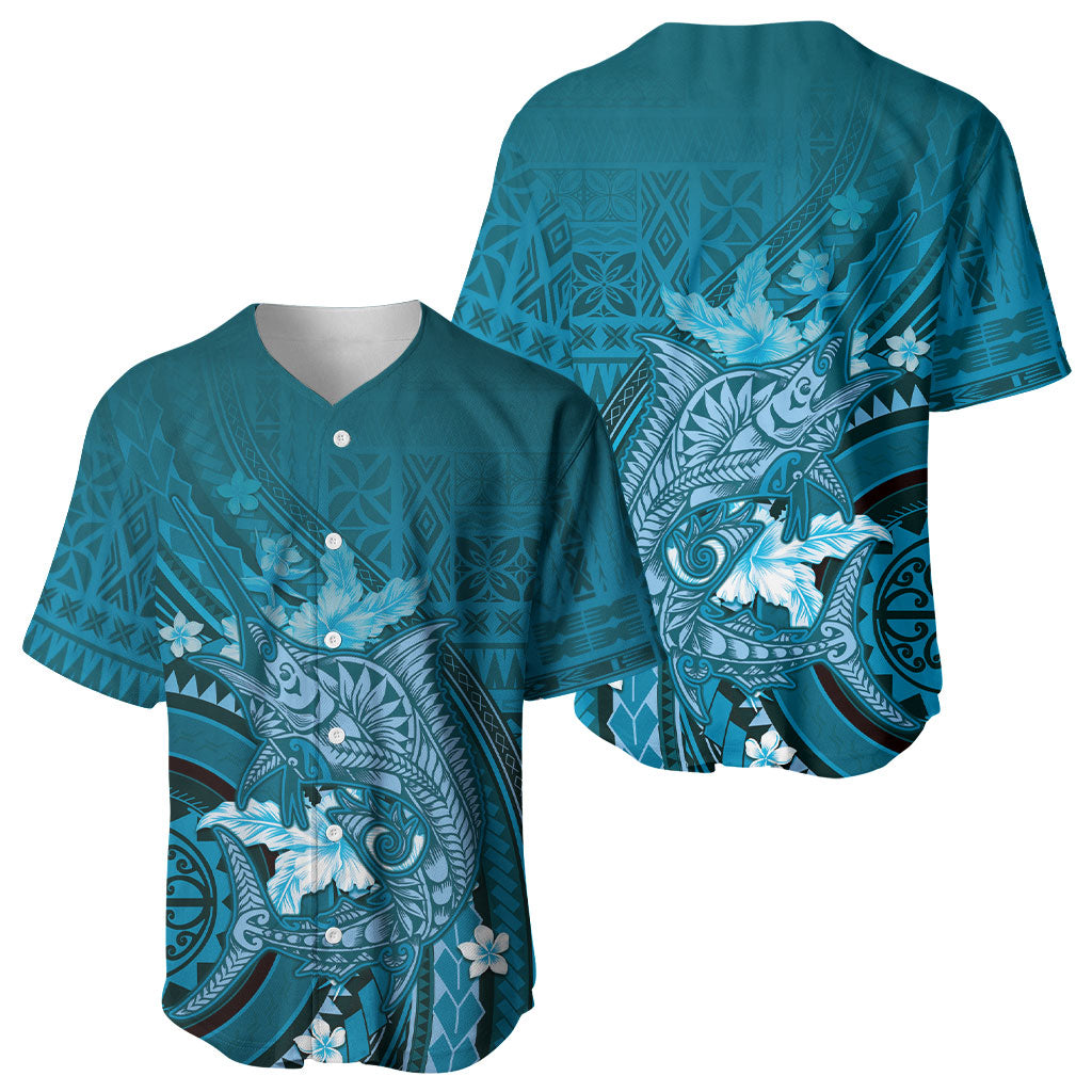Samoa Tatau Marlin Baseball Jersey With Siapo Motifs Teal LT05 - Polynesian Pride