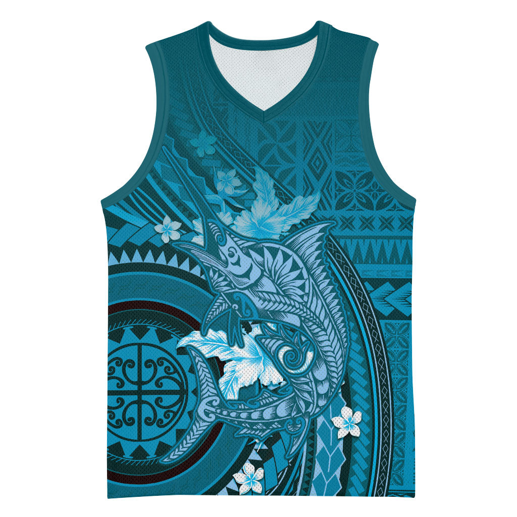 Samoa Tatau Marlin Basketball Jersey With Siapo Motifs Teal LT05 Unisex Teal - Polynesian Pride