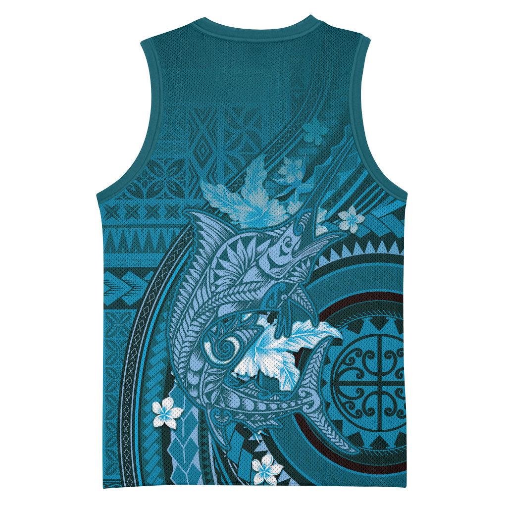 Samoa Tatau Marlin Basketball Jersey With Siapo Motifs Teal LT05 - Polynesian Pride