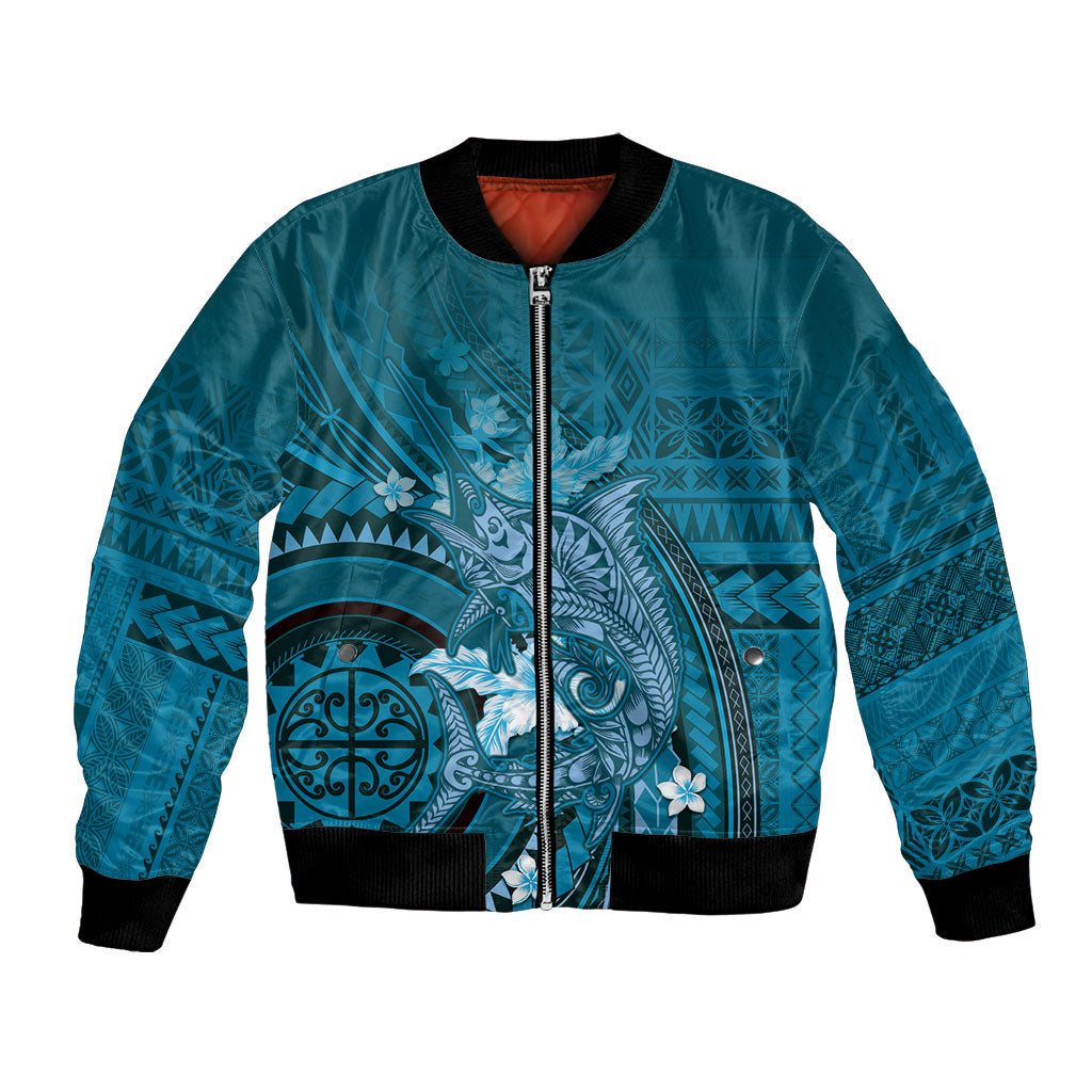 Samoa Tatau Marlin Bomber Jacket With Siapo Motifs Teal LT05 Unisex Teal - Polynesian Pride