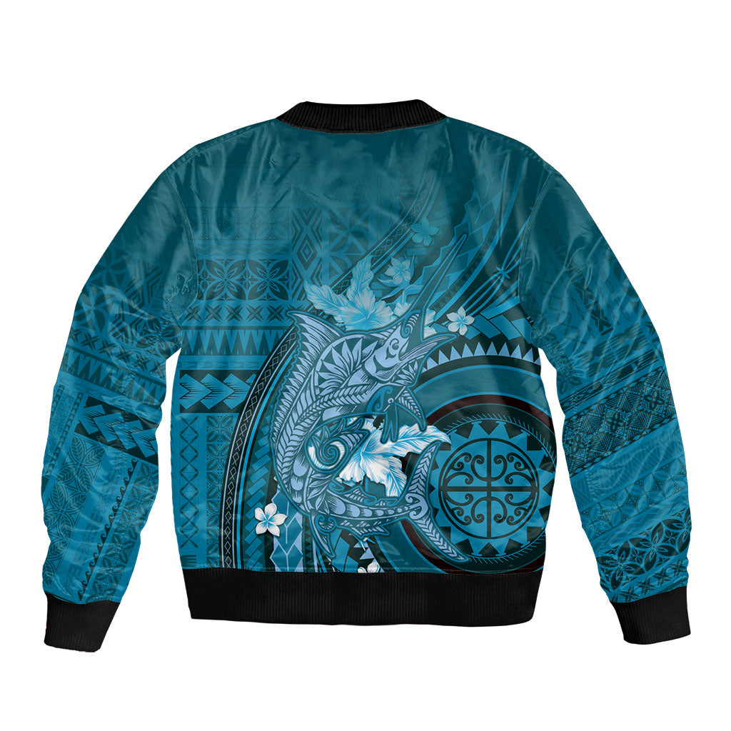 Samoa Tatau Marlin Bomber Jacket With Siapo Motifs Teal LT05 - Polynesian Pride