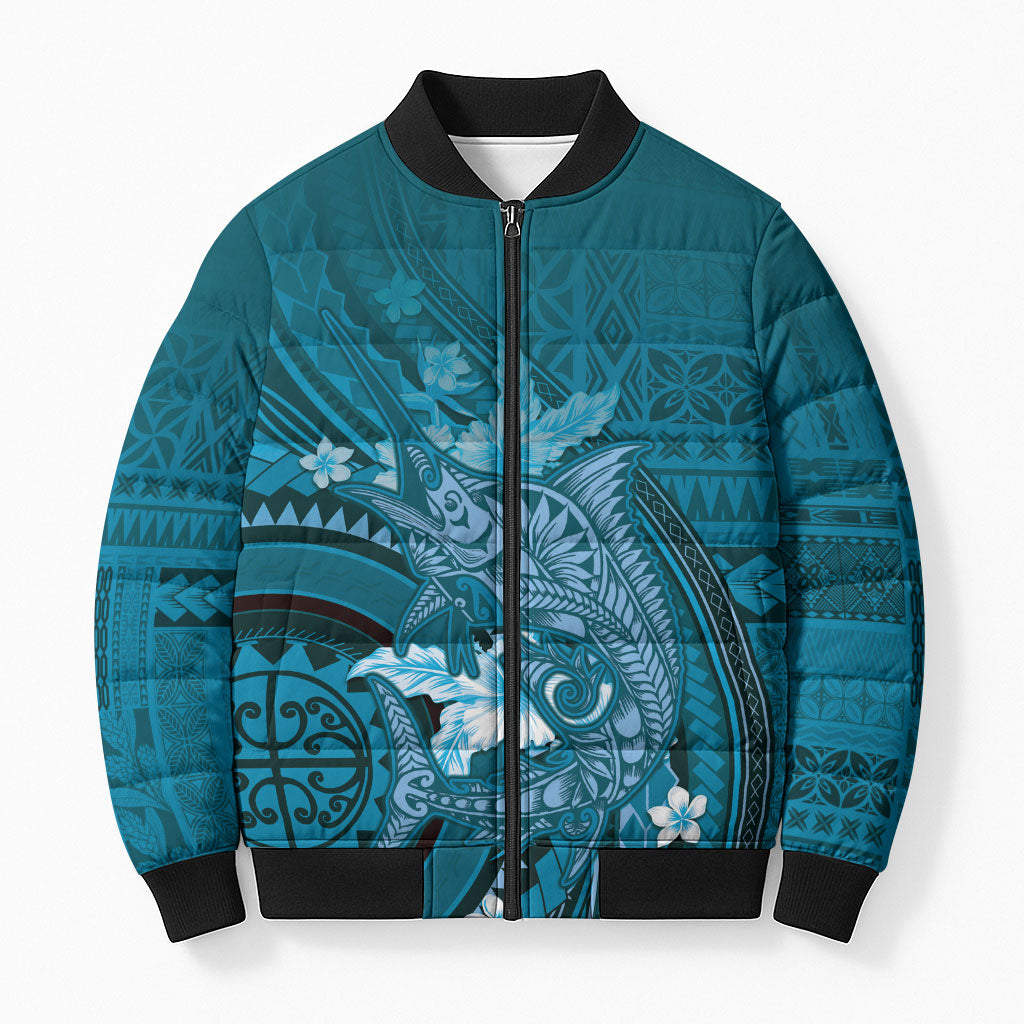 Samoa Tatau Marlin Bomber Puffer Jacket With Siapo Motifs Teal LT05 Unisex Teal - Polynesian Pride