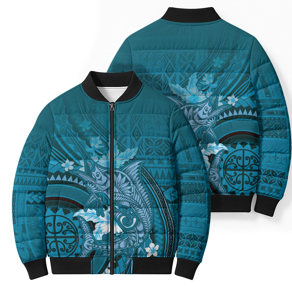 Samoa Tatau Marlin Bomber Puffer Jacket With Siapo Motifs Teal LT05 - Polynesian Pride