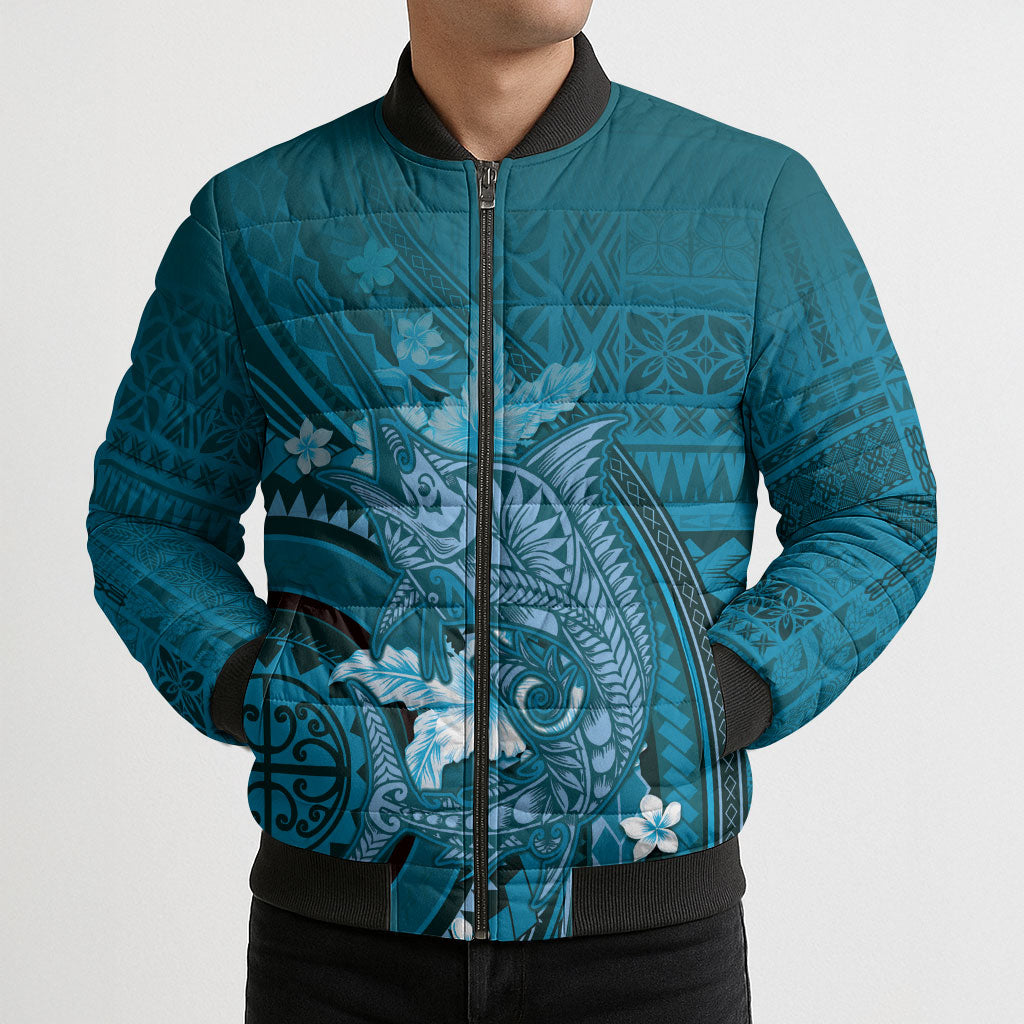Samoa Tatau Marlin Bomber Puffer Jacket With Siapo Motifs Teal LT05 - Polynesian Pride