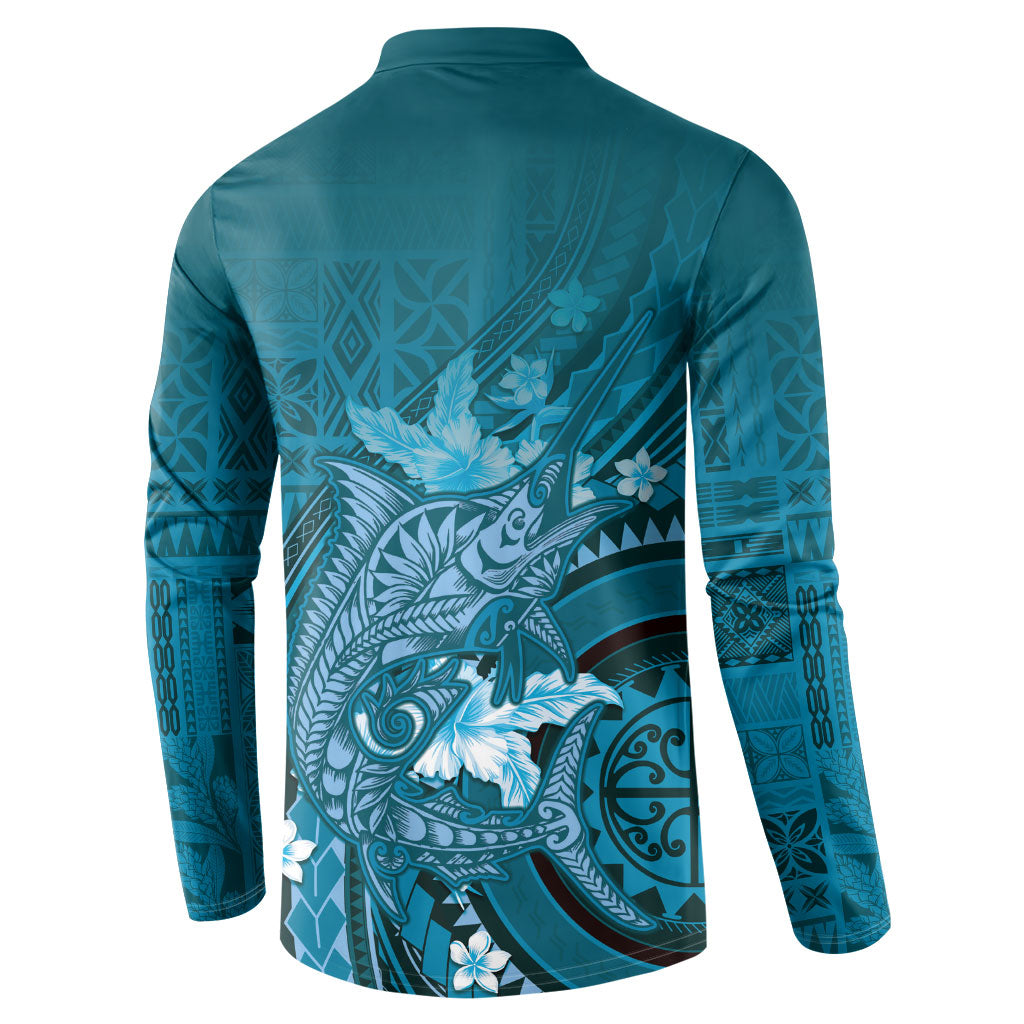 Samoa Tatau Marlin Button Sweatshirt With Siapo Motifs Teal