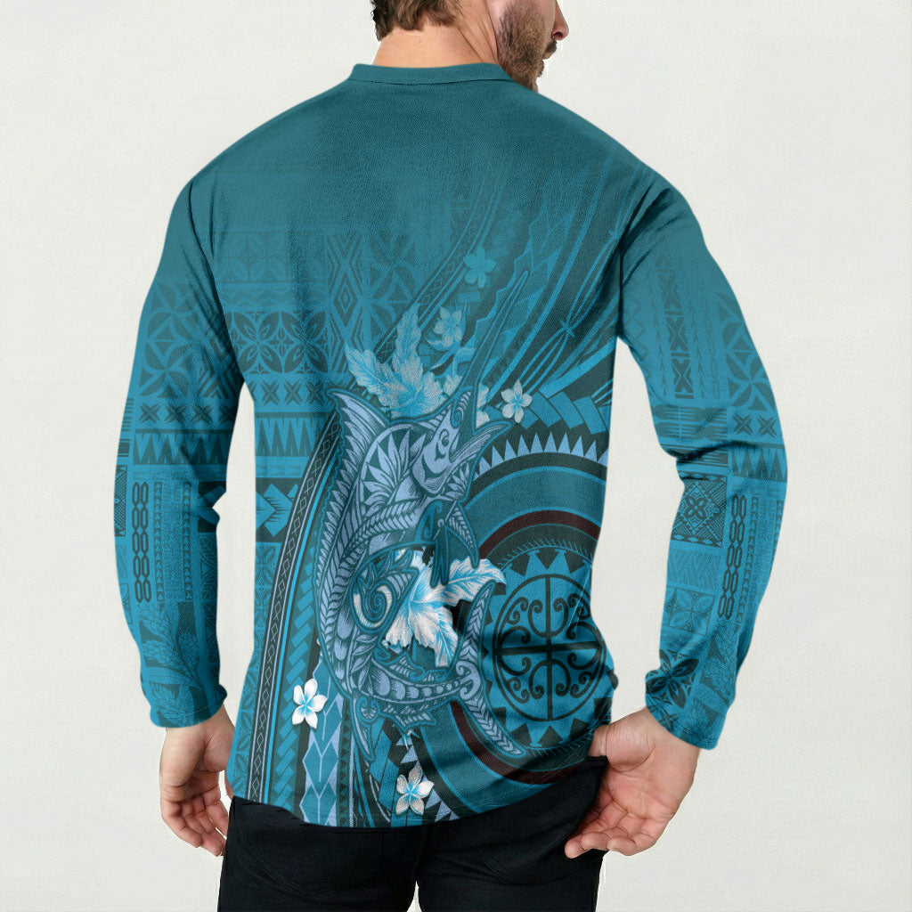 Samoa Tatau Marlin Button Sweatshirt With Siapo Motifs Teal