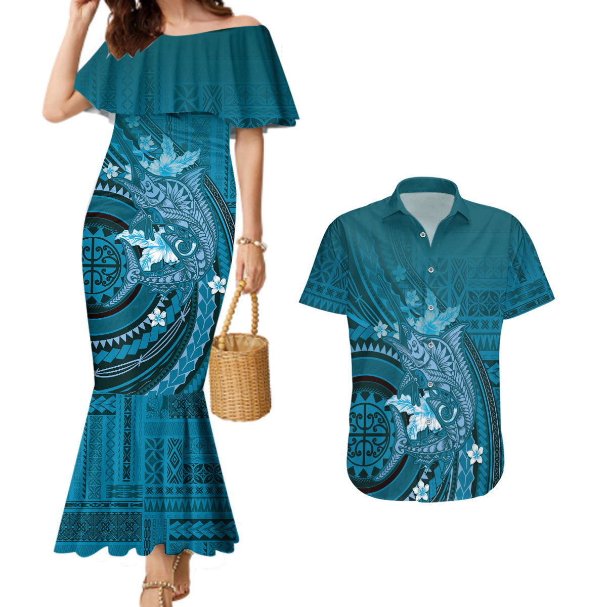 Samoa Tatau Marlin Couples Matching Mermaid Dress and Hawaiian Shirt With Siapo Motifs Teal LT05 Teal - Polynesian Pride