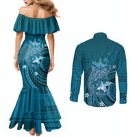 Samoa Tatau Marlin Couples Matching Mermaid Dress and Long Sleeve Button Shirt With Siapo Motifs Teal LT05 - Polynesian Pride