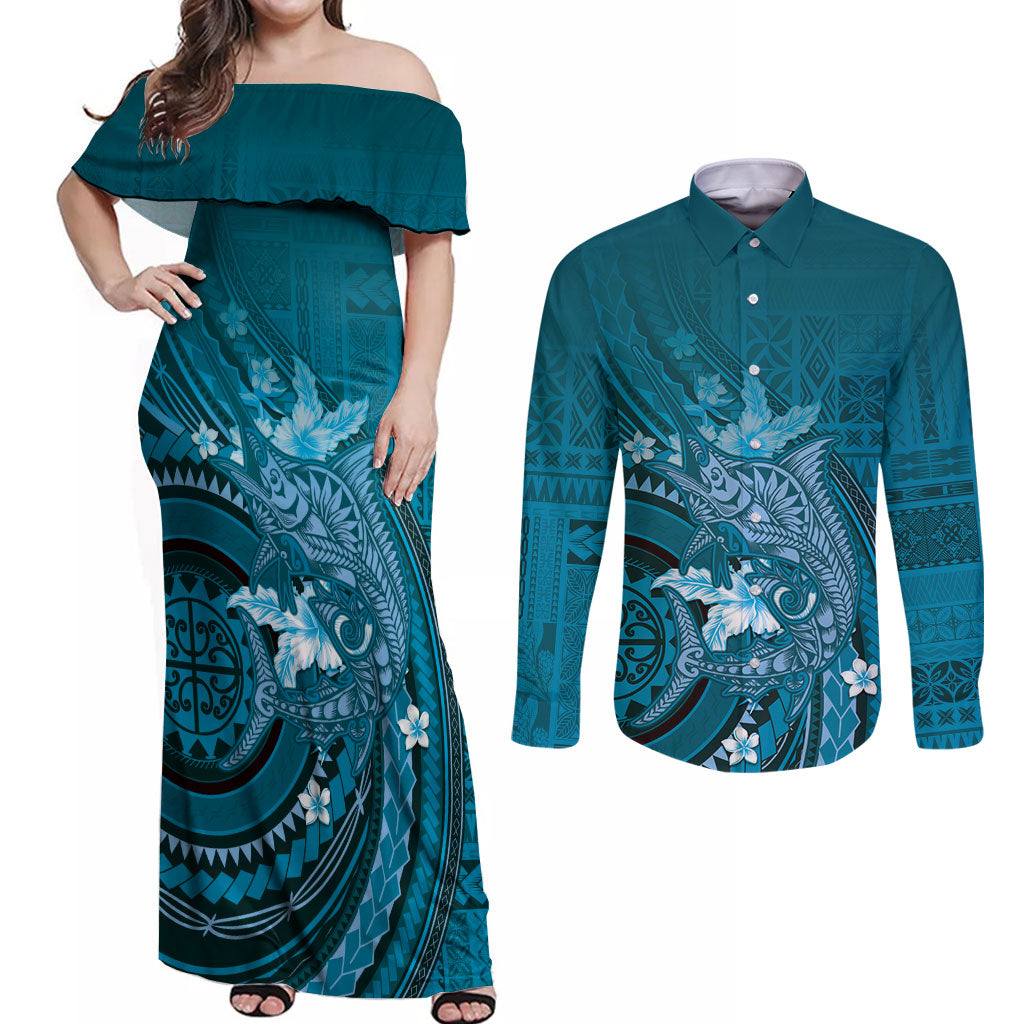 Samoa Tatau Marlin Couples Matching Off Shoulder Maxi Dress and Long Sleeve Button Shirt With Siapo Motifs Teal LT05 Teal - Polynesian Pride