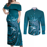 Samoa Tatau Marlin Couples Matching Off Shoulder Maxi Dress and Long Sleeve Button Shirt With Siapo Motifs Teal LT05 Teal - Polynesian Pride