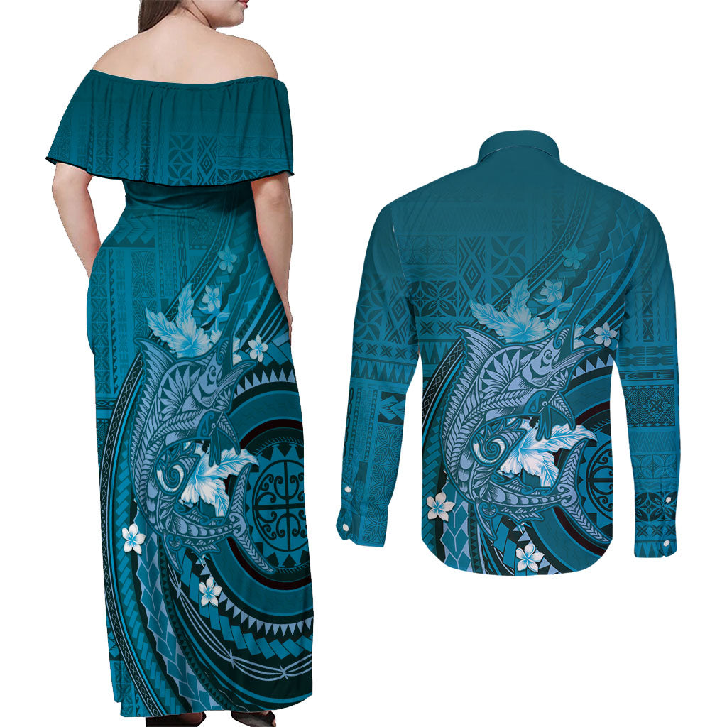 Samoa Tatau Marlin Couples Matching Off Shoulder Maxi Dress and Long Sleeve Button Shirt With Siapo Motifs Teal LT05 - Polynesian Pride