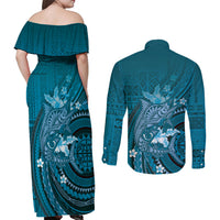 Samoa Tatau Marlin Couples Matching Off Shoulder Maxi Dress and Long Sleeve Button Shirt With Siapo Motifs Teal LT05 - Polynesian Pride