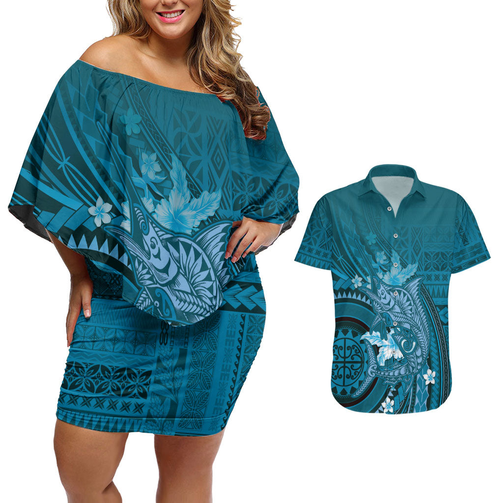 Samoa Tatau Marlin Couples Matching Off Shoulder Short Dress and Hawaiian Shirt With Siapo Motifs Teal LT05 Teal - Polynesian Pride