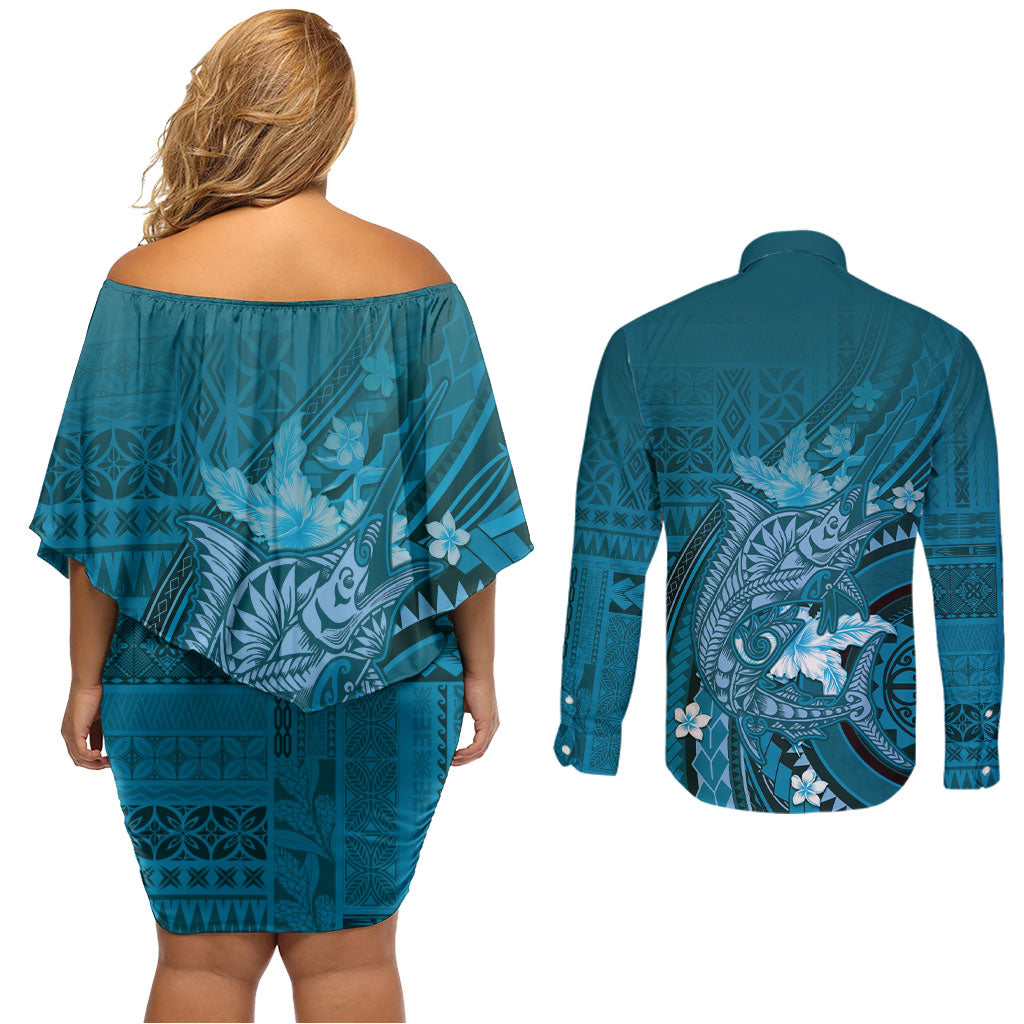 Samoa Tatau Marlin Couples Matching Off Shoulder Short Dress and Long Sleeve Button Shirt With Siapo Motifs Teal LT05 - Polynesian Pride