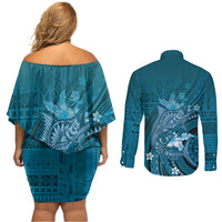 Samoa Tatau Marlin Couples Matching Off Shoulder Short Dress and Long Sleeve Button Shirt With Siapo Motifs Teal LT05 - Polynesian Pride