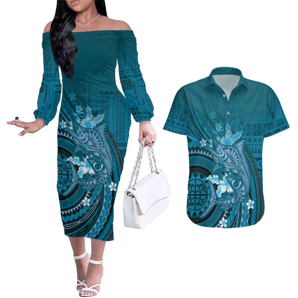 Samoa Tatau Marlin Couples Matching Off The Shoulder Long Sleeve Dress and Hawaiian Shirt With Siapo Motifs Teal