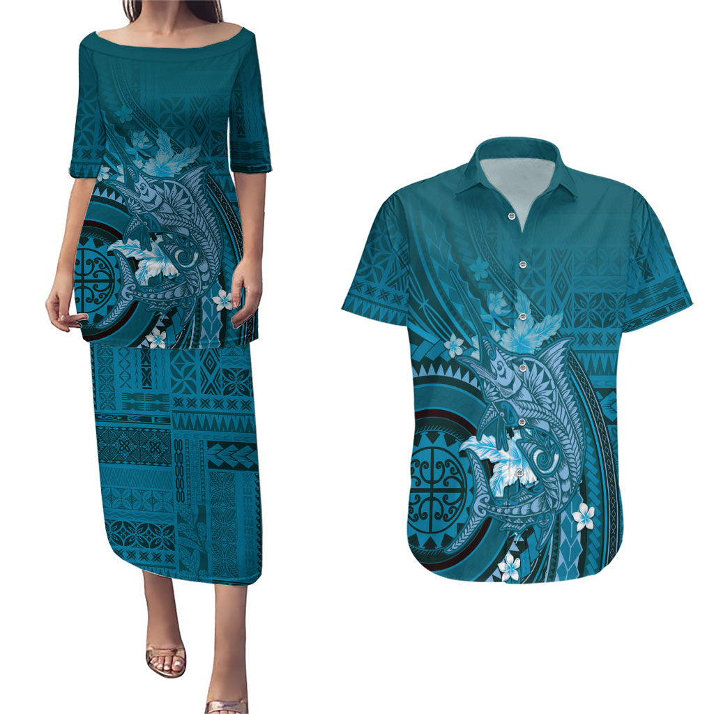 Samoa Tatau Marlin Couples Matching Puletasi and Hawaiian Shirt With Siapo Motifs Teal LT05 Teal - Polynesian Pride