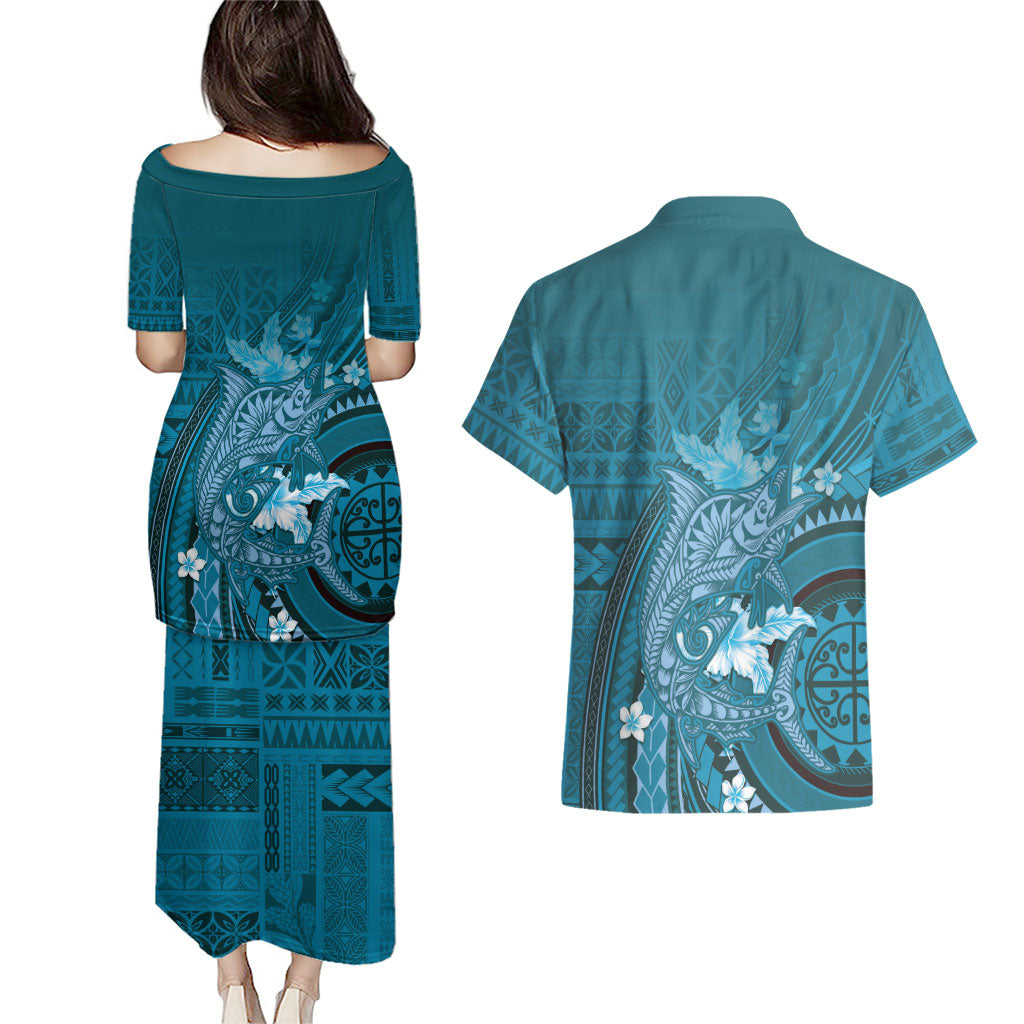 Samoa Tatau Marlin Couples Matching Puletasi and Hawaiian Shirt With Siapo Motifs Teal LT05 - Polynesian Pride