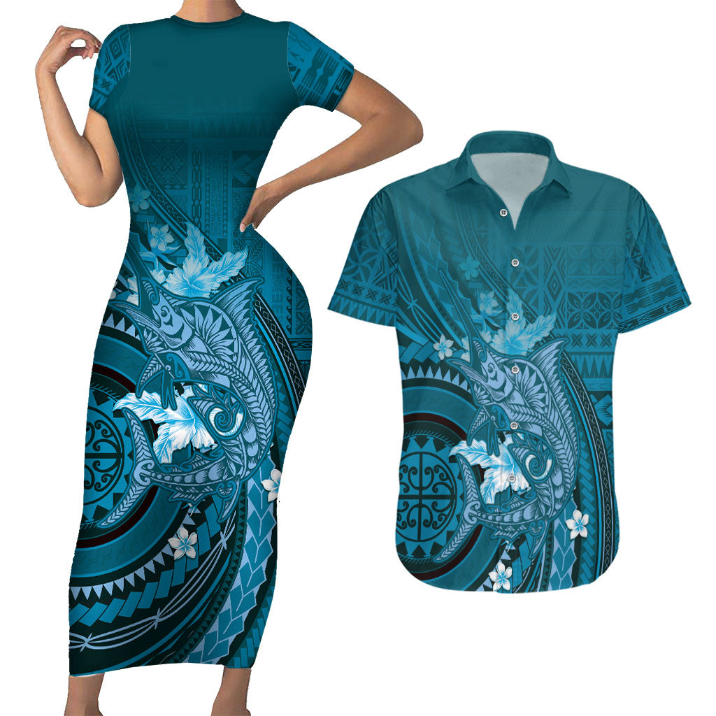 Samoa Tatau Marlin Couples Matching Short Sleeve Bodycon Dress and Hawaiian Shirt With Siapo Motifs Teal