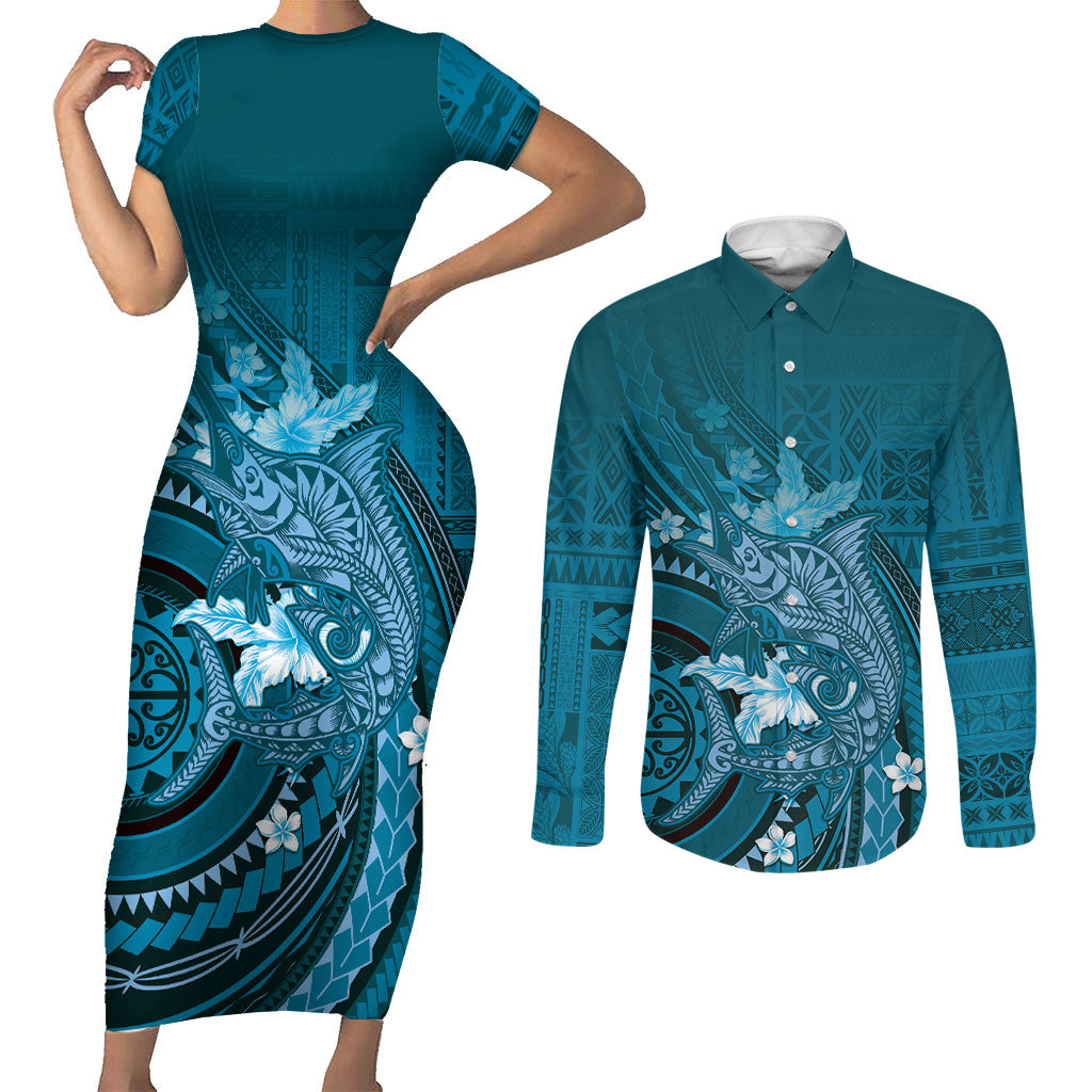 Samoa Tatau Marlin Couples Matching Short Sleeve Bodycon Dress and Long Sleeve Button Shirt With Siapo Motifs Teal LT05 Teal - Polynesian Pride