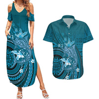 Samoa Tatau Marlin Couples Matching Summer Maxi Dress and Hawaiian Shirt With Siapo Motifs Teal LT05 Teal - Polynesian Pride