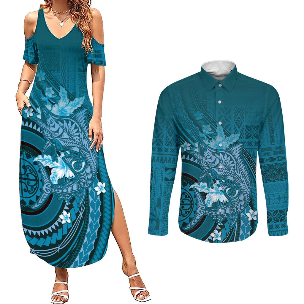 Samoa Tatau Marlin Couples Matching Summer Maxi Dress and Long Sleeve Button Shirt With Siapo Motifs Teal LT05 Teal - Polynesian Pride