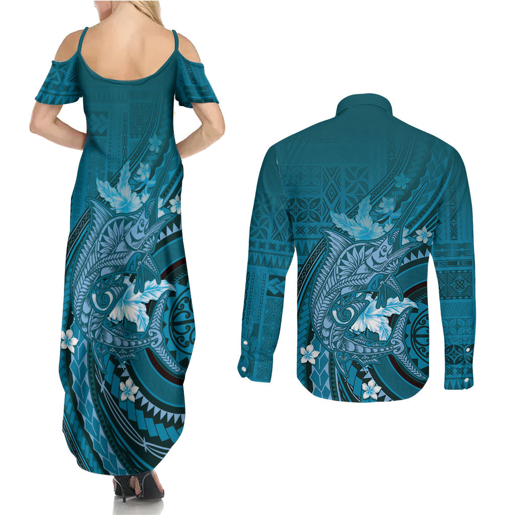 Samoa Tatau Marlin Couples Matching Summer Maxi Dress and Long Sleeve Button Shirt With Siapo Motifs Teal