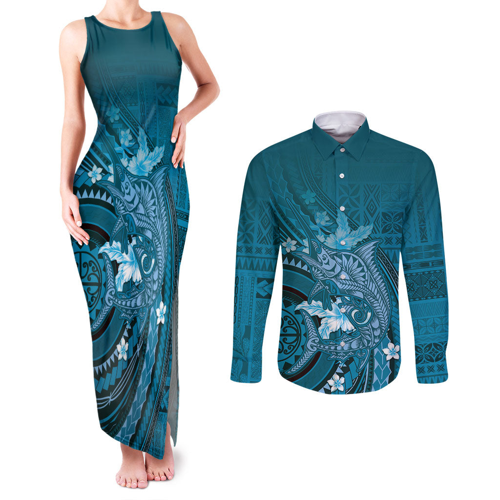 Samoa Tatau Marlin Couples Matching Tank Maxi Dress and Long Sleeve Button Shirt With Siapo Motifs Teal LT05 Teal - Polynesian Pride