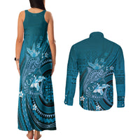 Samoa Tatau Marlin Couples Matching Tank Maxi Dress and Long Sleeve Button Shirt With Siapo Motifs Teal LT05 - Polynesian Pride