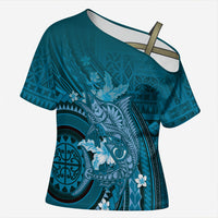 Samoa Tatau Marlin Cross Shoulder Shirt With Siapo Motifs Teal LT05 Female Teal - Polynesian Pride