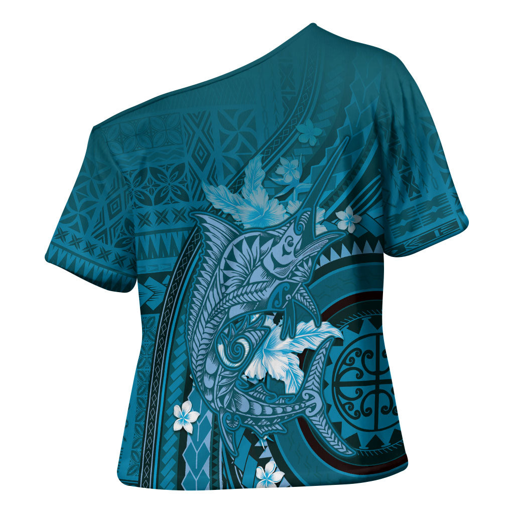 Samoa Tatau Marlin Cross Shoulder Shirt With Siapo Motifs Teal LT05 - Polynesian Pride