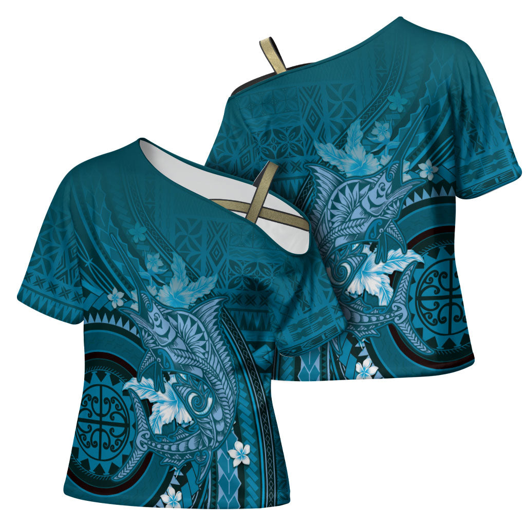 Samoa Tatau Marlin Cross Shoulder Shirt With Siapo Motifs Teal LT05 - Polynesian Pride