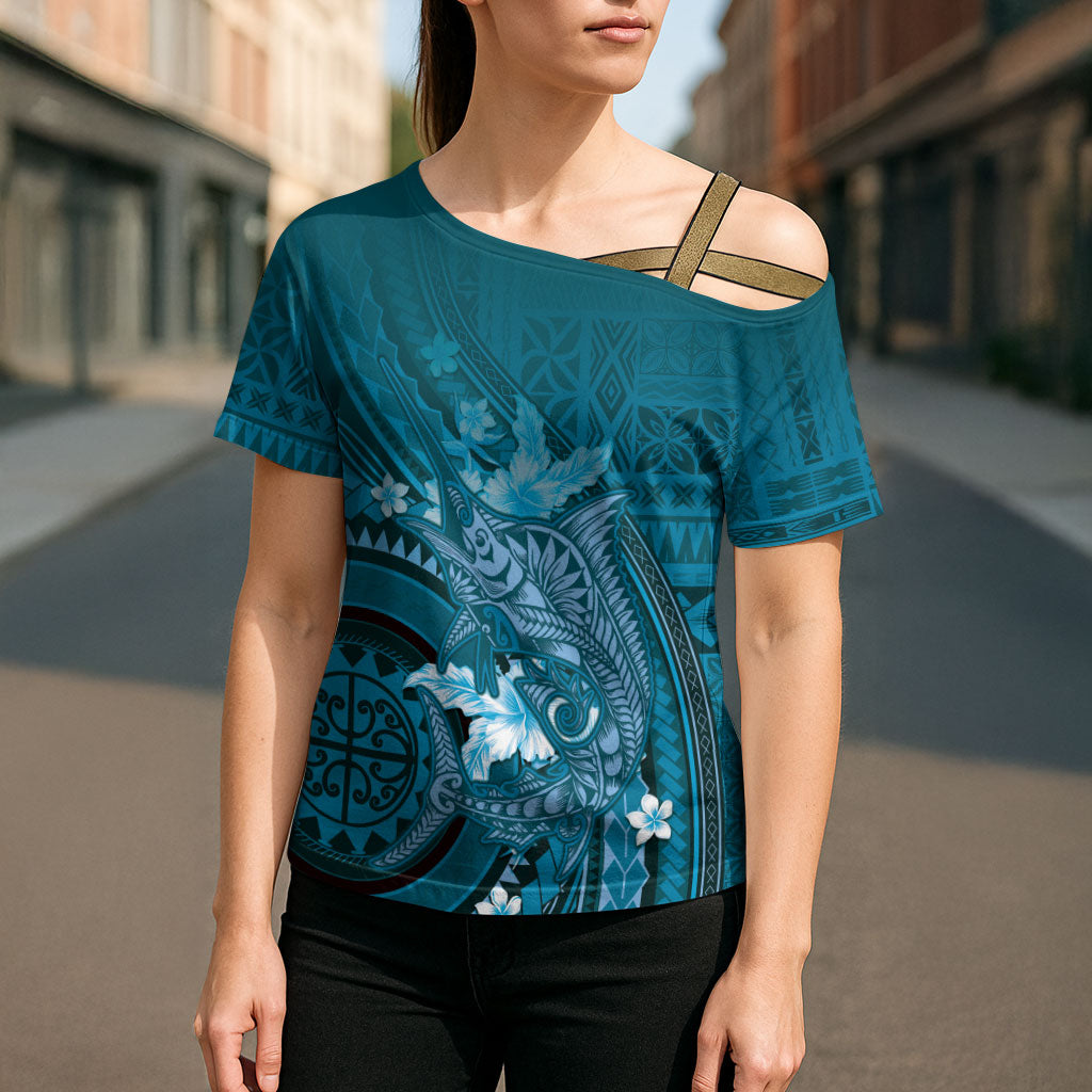 Samoa Tatau Marlin Cross Shoulder Shirt With Siapo Motifs Teal LT05 - Polynesian Pride