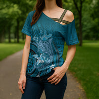 Samoa Tatau Marlin Cross Shoulder Shirt With Siapo Motifs Teal LT05 - Polynesian Pride